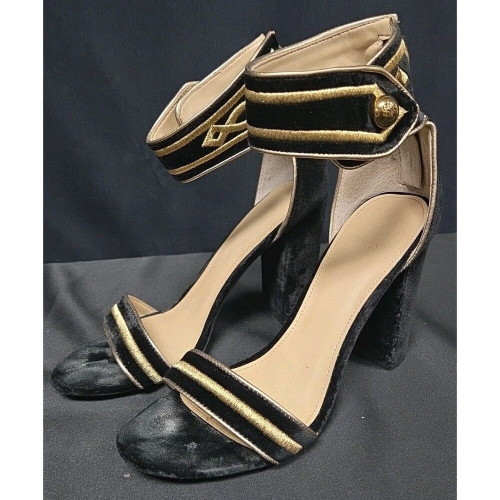 Guess Cersian Black Gold Velvet Block Heel Ankle Strap Sandals 9M